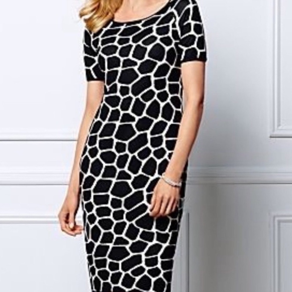 Talbots Womens Black White Giraffe Print Knit Sweater Sheath Dress Small
